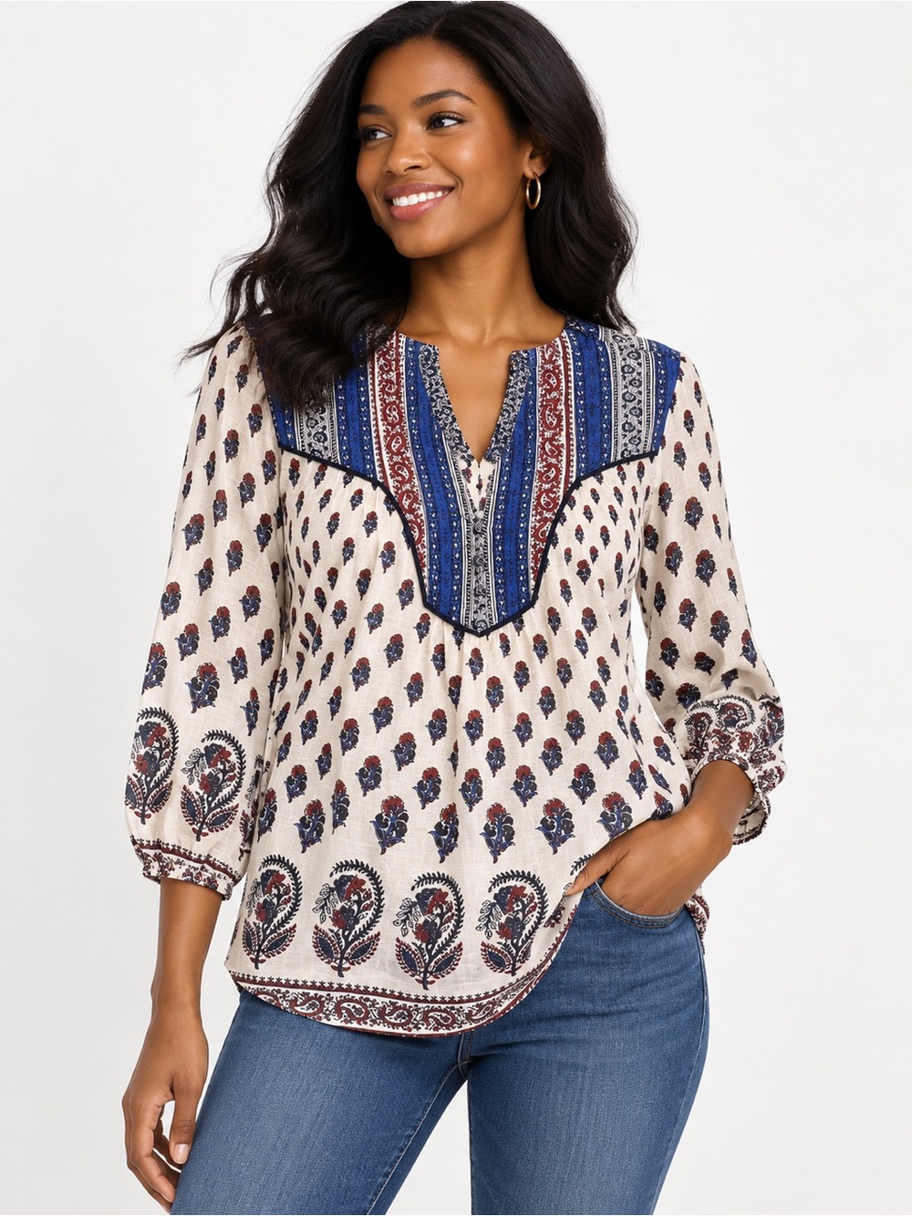 Lucky Brand 100% Cotton paisley Boho 3/4 blouse M